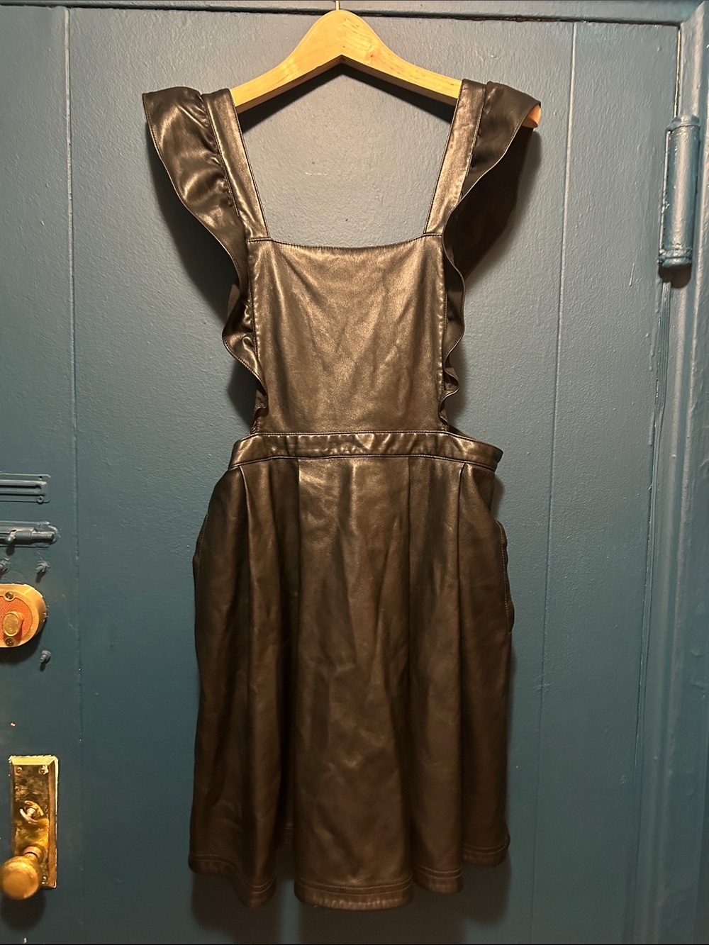 Black Faux Leather Pinafore Dress with Ruffle Straps and pockets